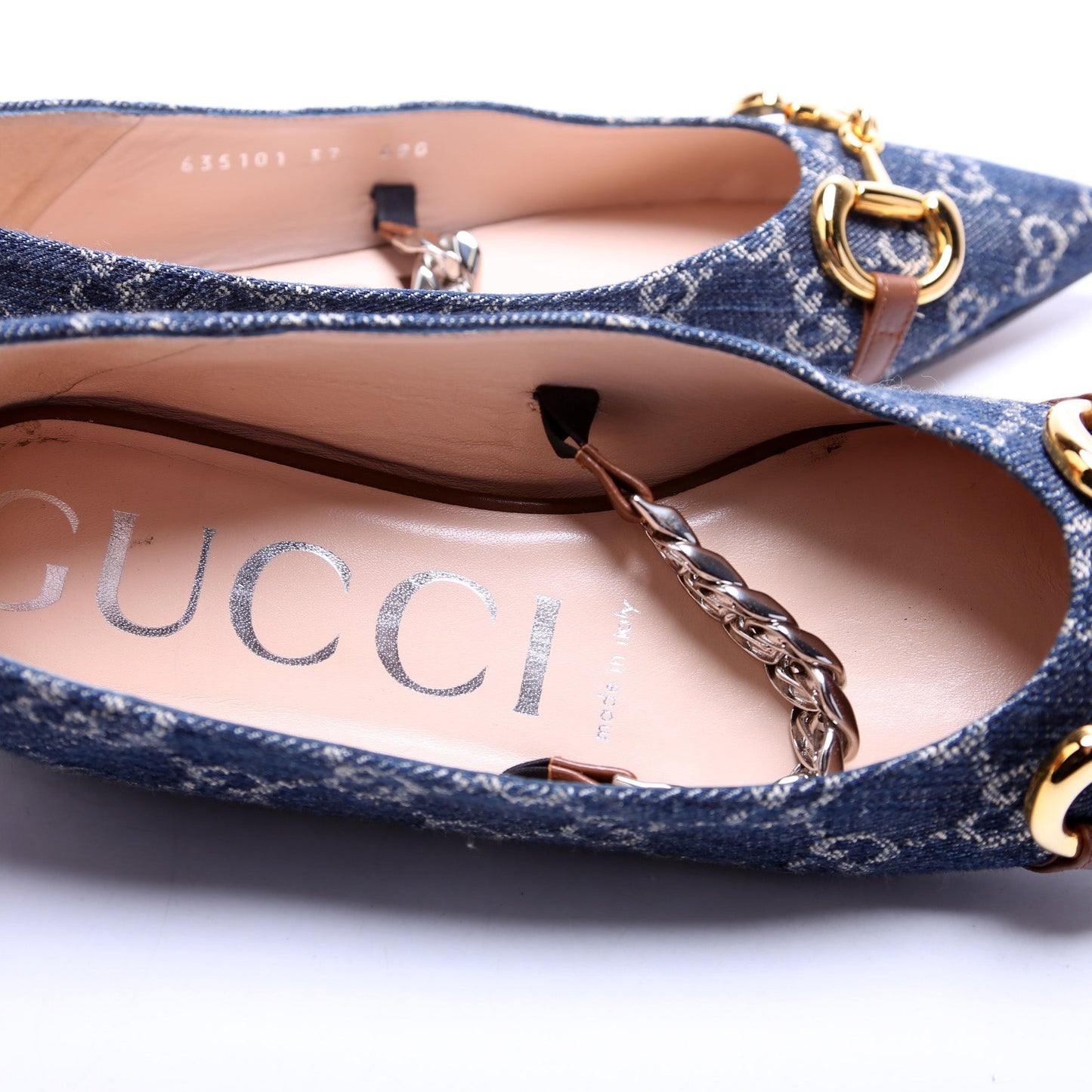 Gucci Denim Horsebit Chain Pointed Toe Flats Size 37