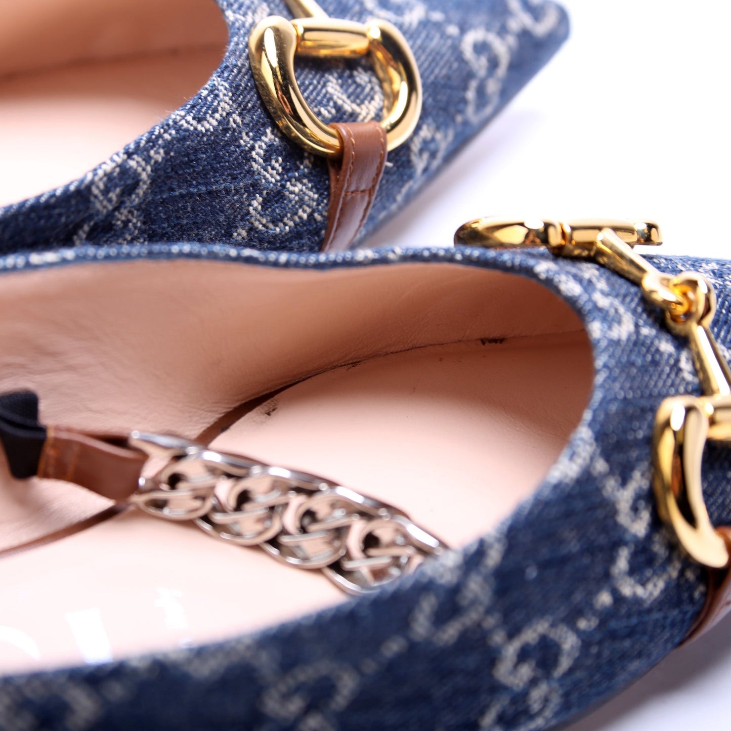 Gucci Denim Horsebit Chain Pointed Toe Flats Size 37