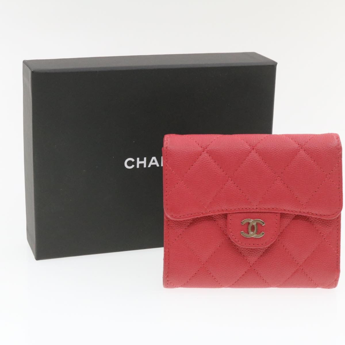 CHANEL Caviar Skin Matelasse Wallet Pink Red CC  18734A