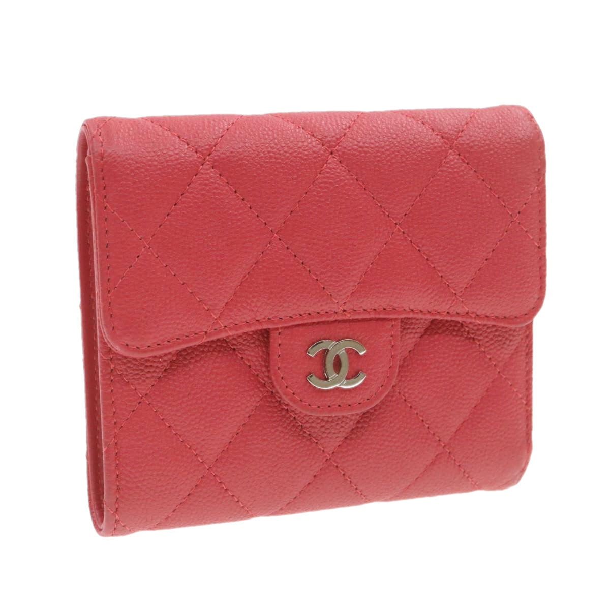 CHANEL Caviar Skin Matelasse Wallet Pink Red CC   18734A