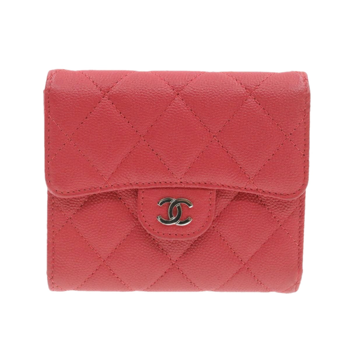 CHANEL Caviar Skin Matelasse Wallet Pink Red CC  18734A