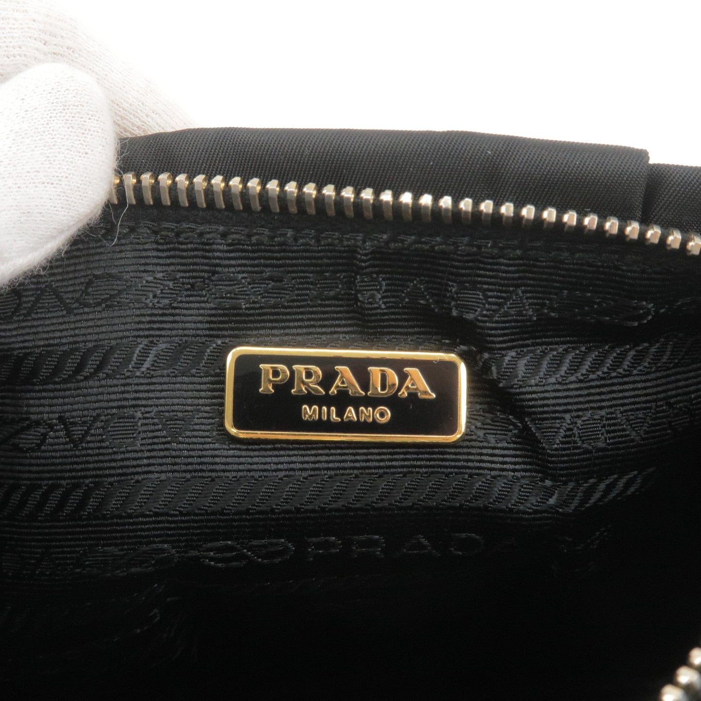 Prada Logo Nylon Leather Pouch Clutch Bag Wristlet Black 1N1422