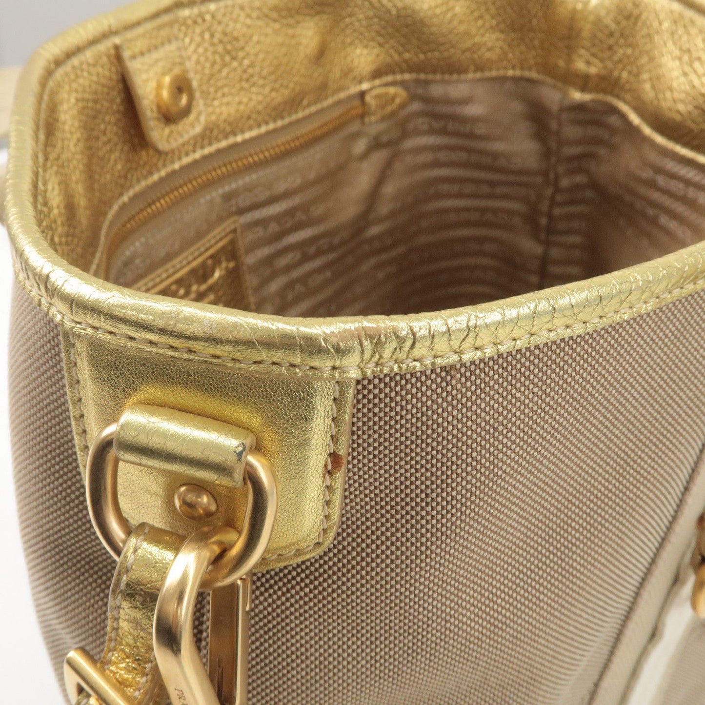 Prada Logo Jacquard Leather 2Way Hand Bag Beige Gold BN1453