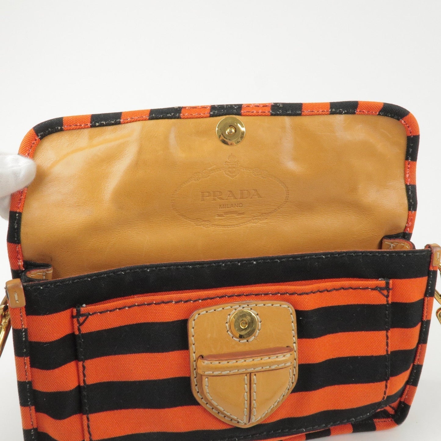 Prada Logo Canvas Leather Shoulder Bag Hand Bag Orange Black