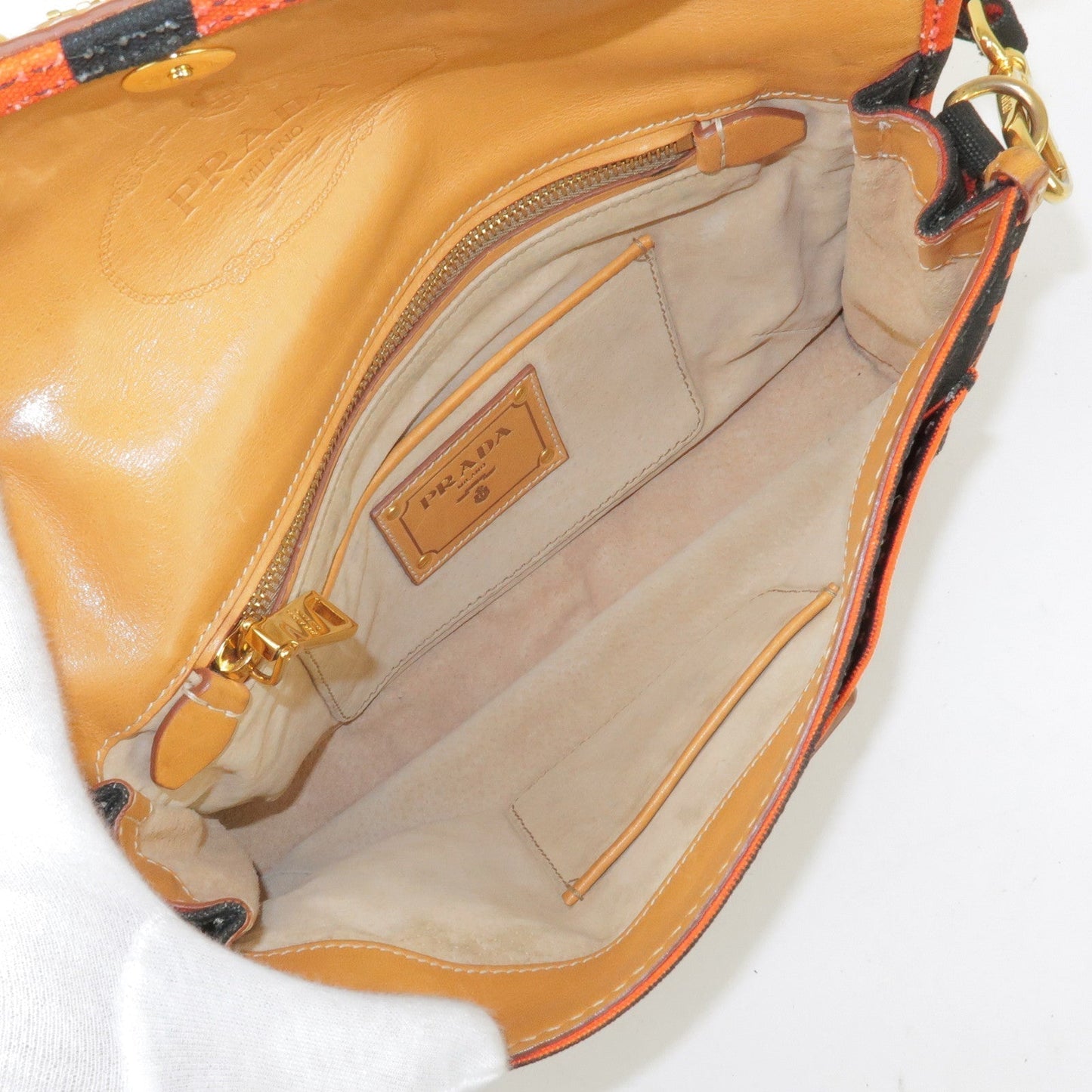 Prada Logo Canvas Leather Shoulder Bag Hand Bag Orange Black