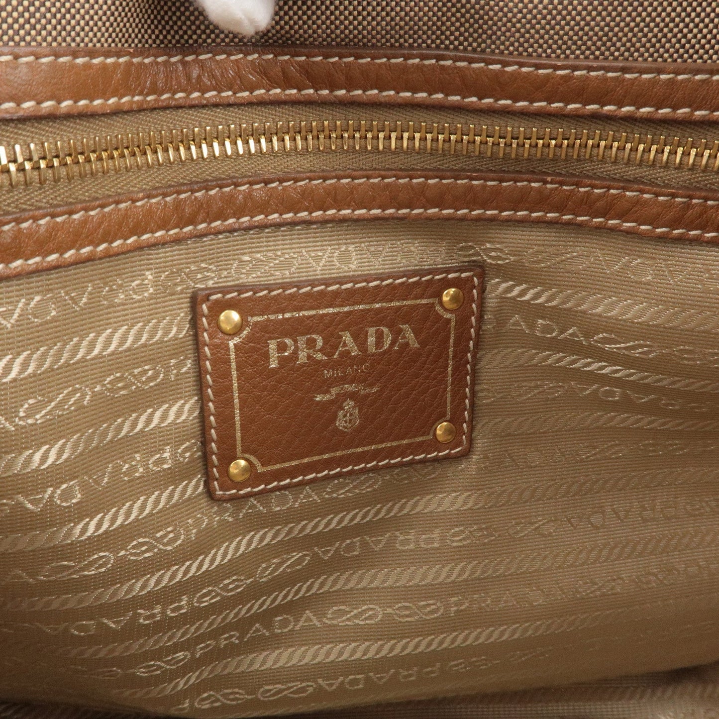 Prada Logo Jacquard Leather 2Way Bag Brown Beige BN1841