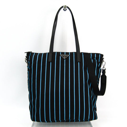 Prada Blue and Black Striped Tessuto Nylon Tote (SHA16639)