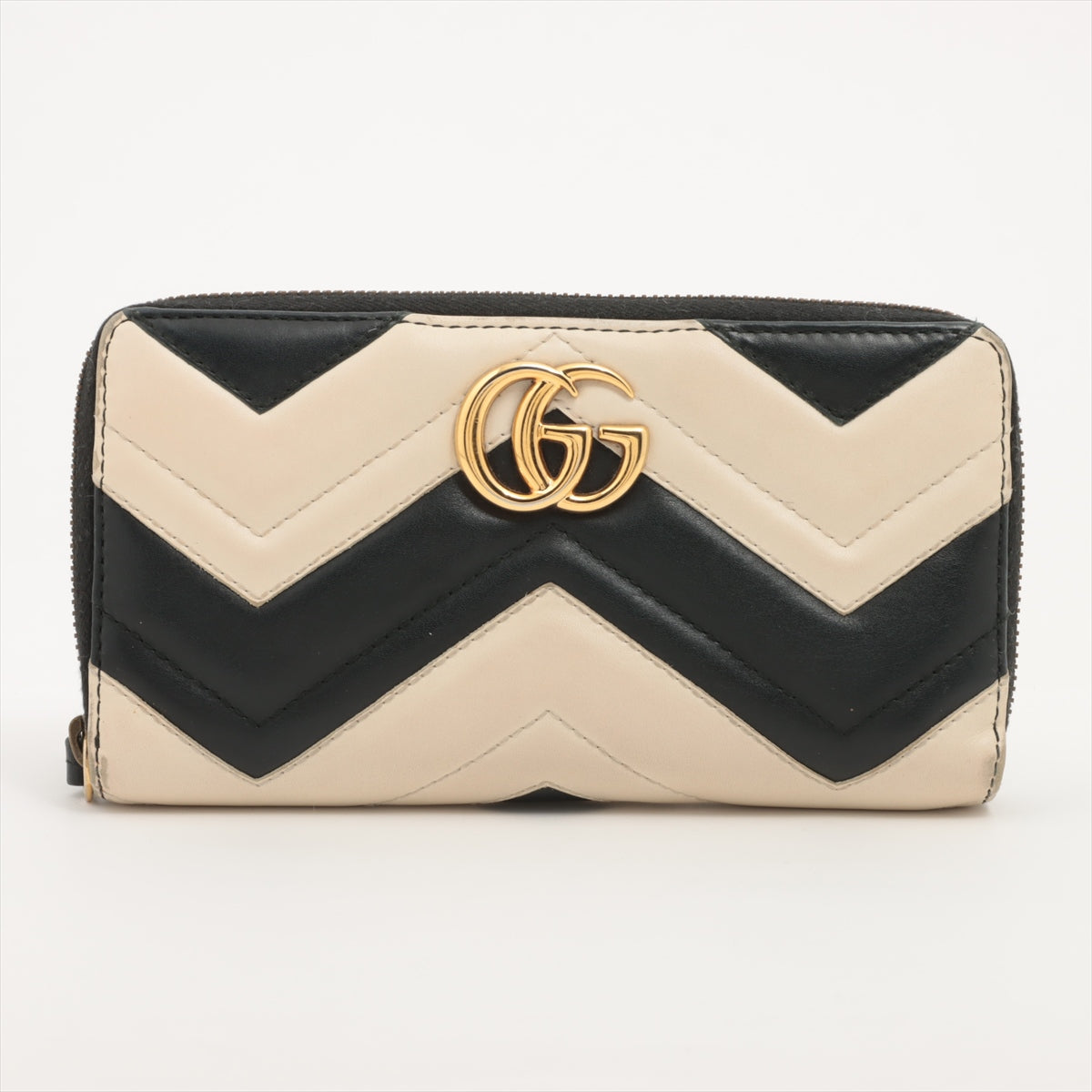 Gucci GG Marmont  Leather Round-Zip-Wallet Black x Beige