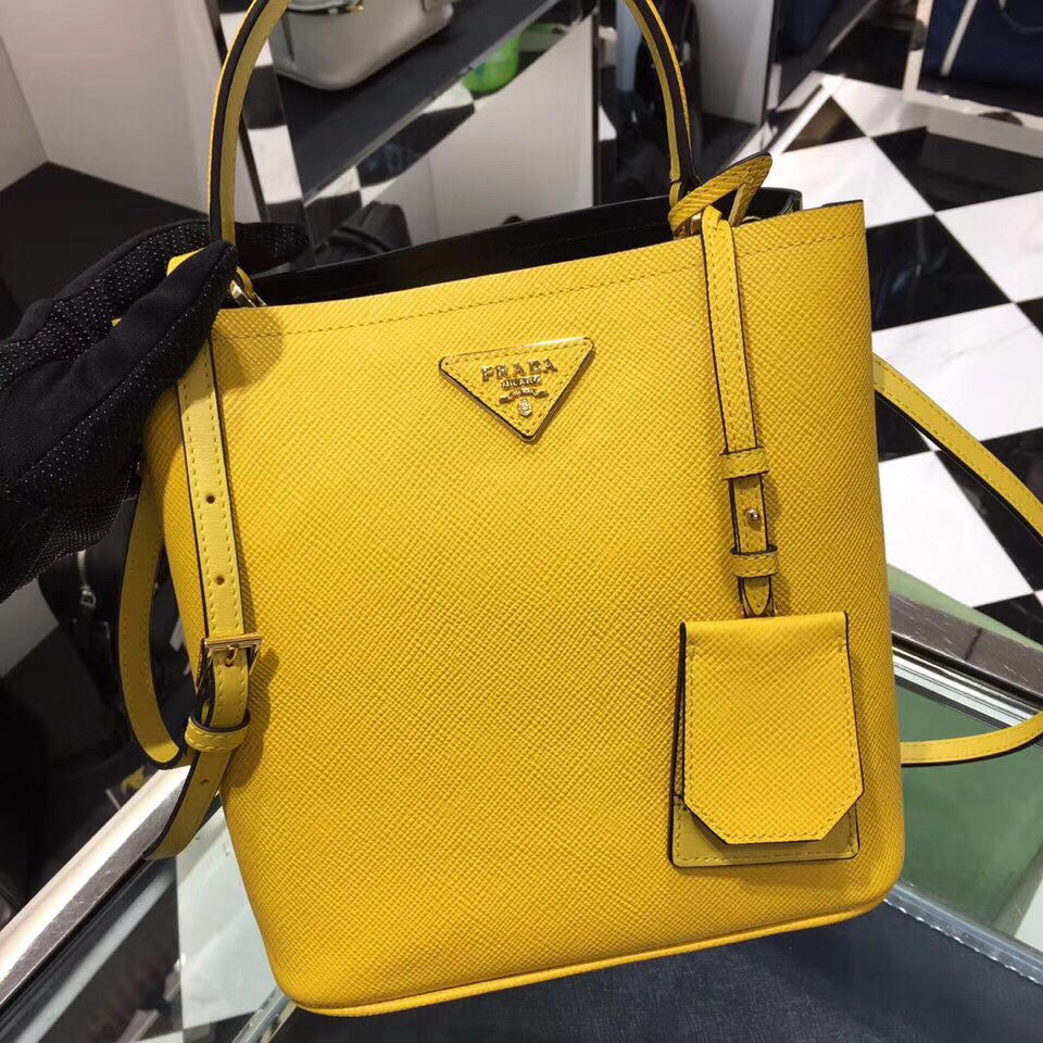 Prada Yellow Saffiano North South Double Medium Bag