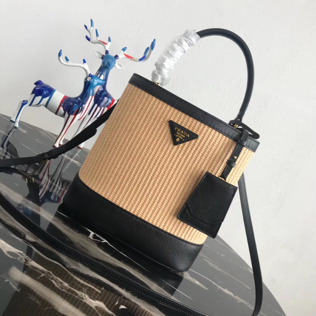 Prada Panier Medium Straw Black Bag