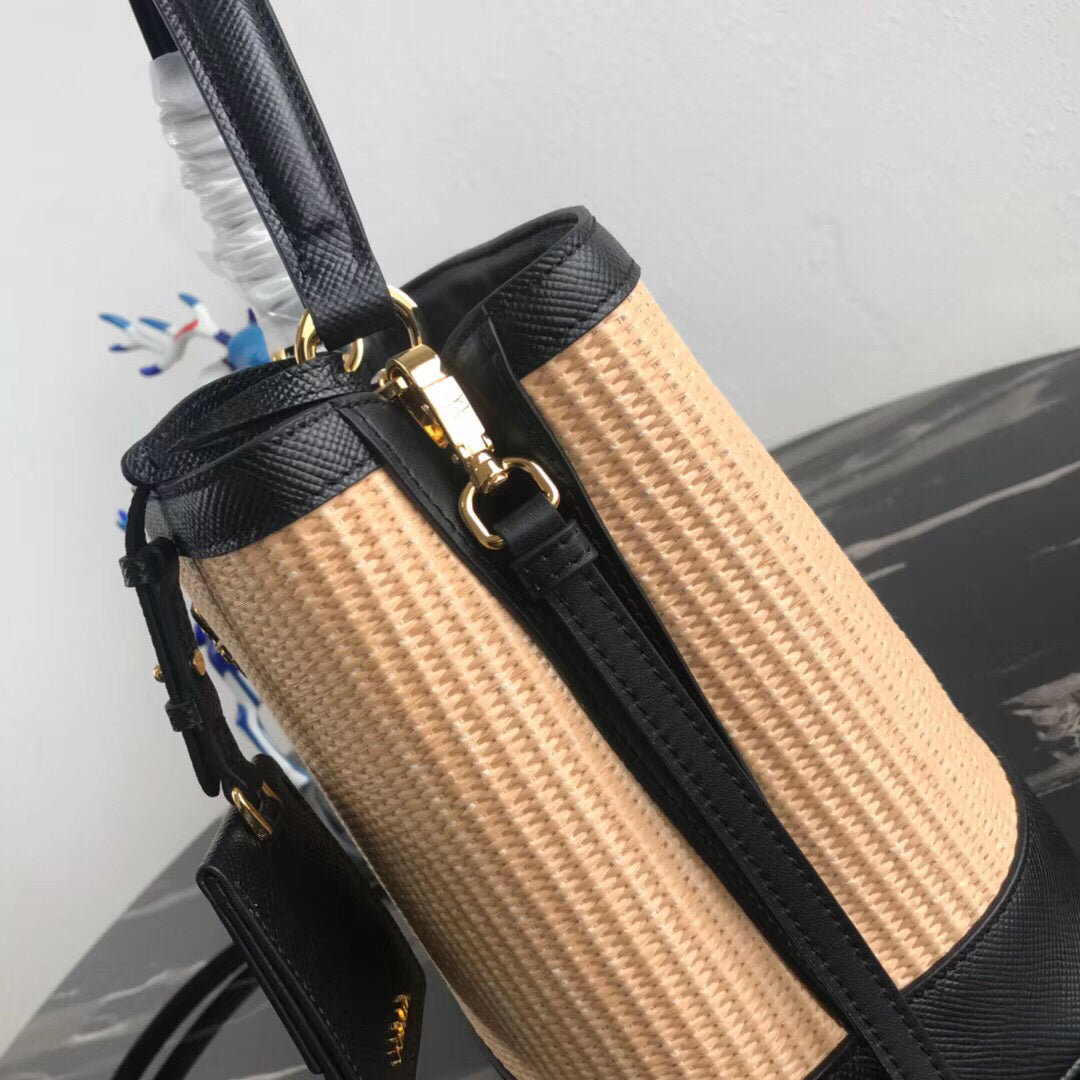 Prada Panier Medium Straw Black Bag