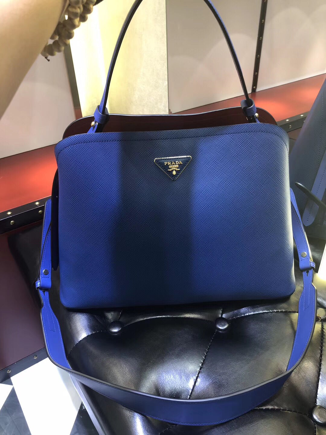 Prada Matinee Tote Bag In Blue Saffiano Leather