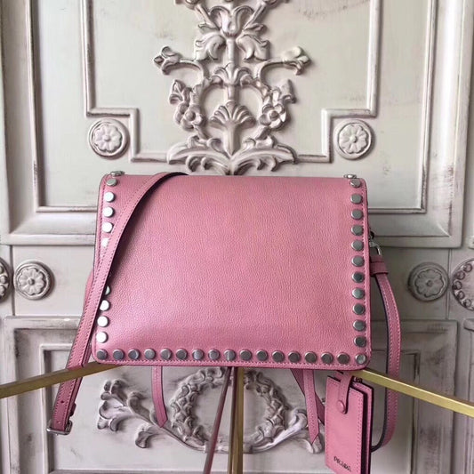 Prada Etiquette Bag In Pink Calfskin With Metal Stud Trim