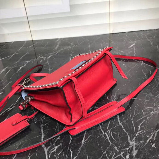 Prada Etiquette Bag In Red Calfskin With Metal Stud Trim