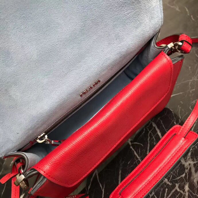 Prada Etiquette Bag In Red Calfskin With Metal Stud Trim