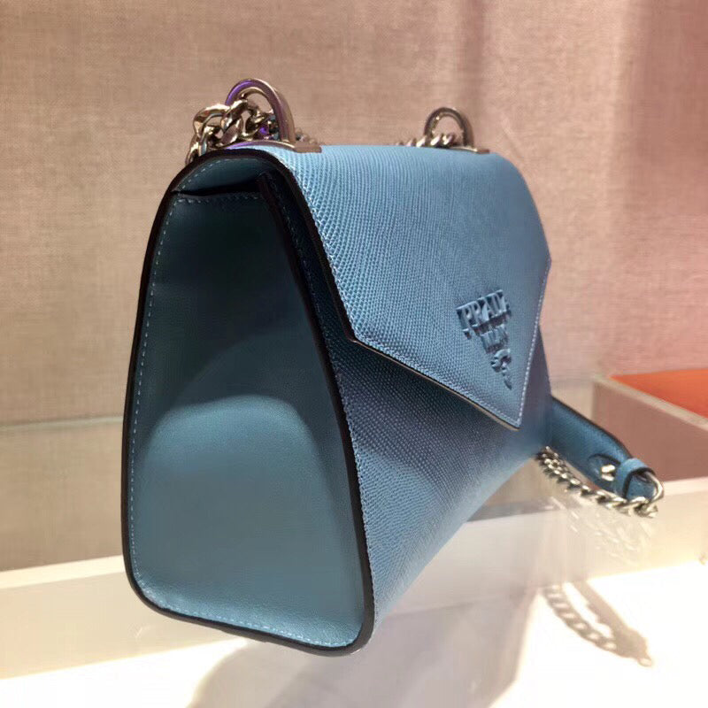 Prada Monochrome Flap Bag In Blue Saffiano Leather