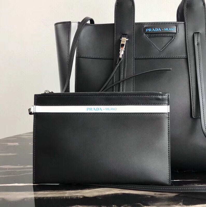 Prada Ouverture Large Tote Bag In Black Calfskin