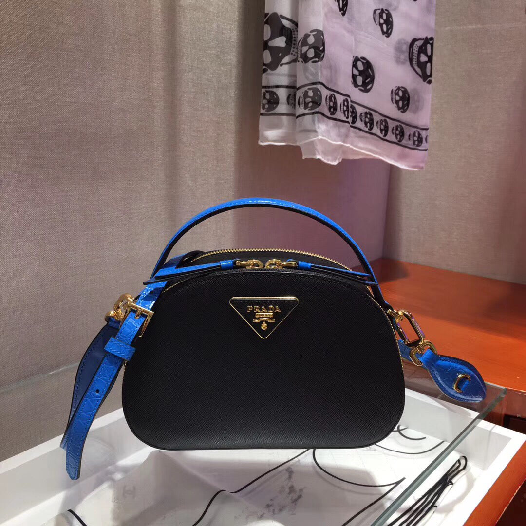 Prada Odette Black Saffiano And Blue Crocodile Bag