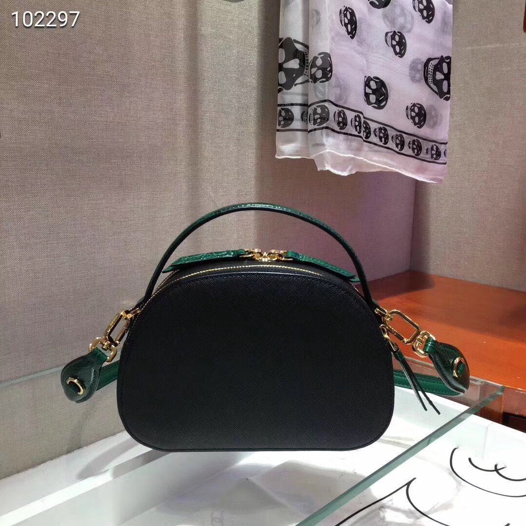 Prada Odette Black Saffiano And Green Crocodile Bag