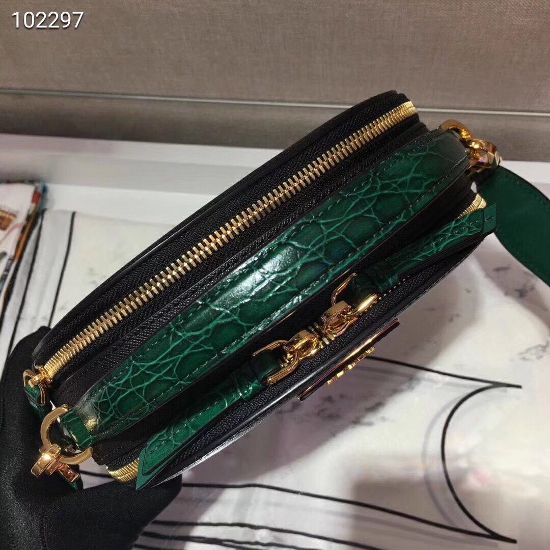 Prada Odette Black Saffiano And Green Crocodile Bag