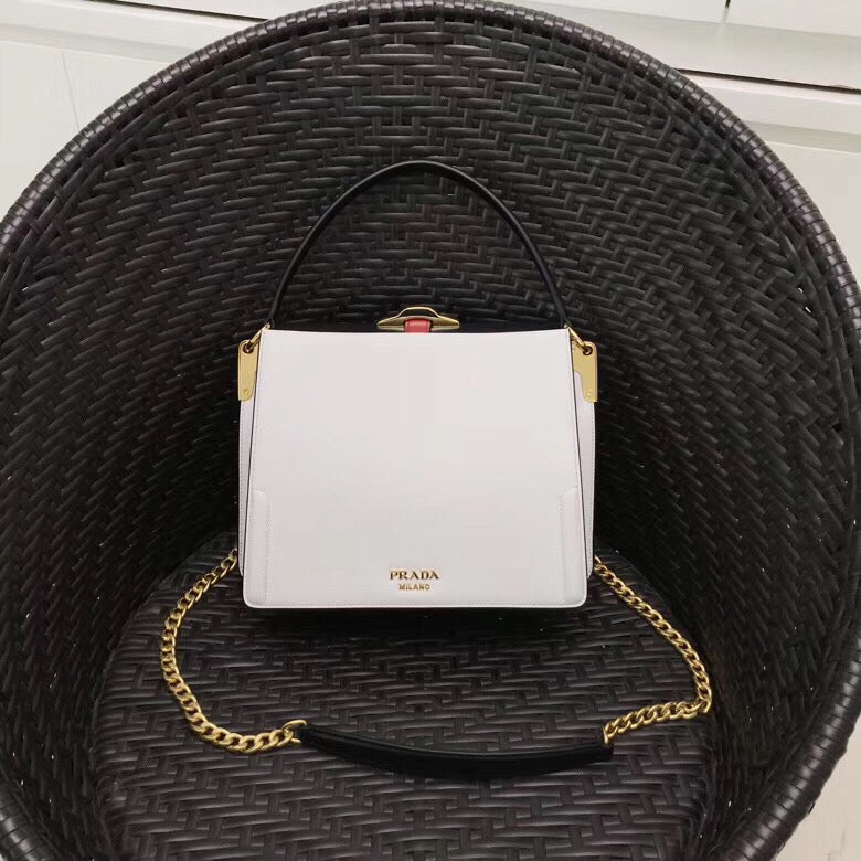 Prada Belle Bag In White/Black Calf Leather