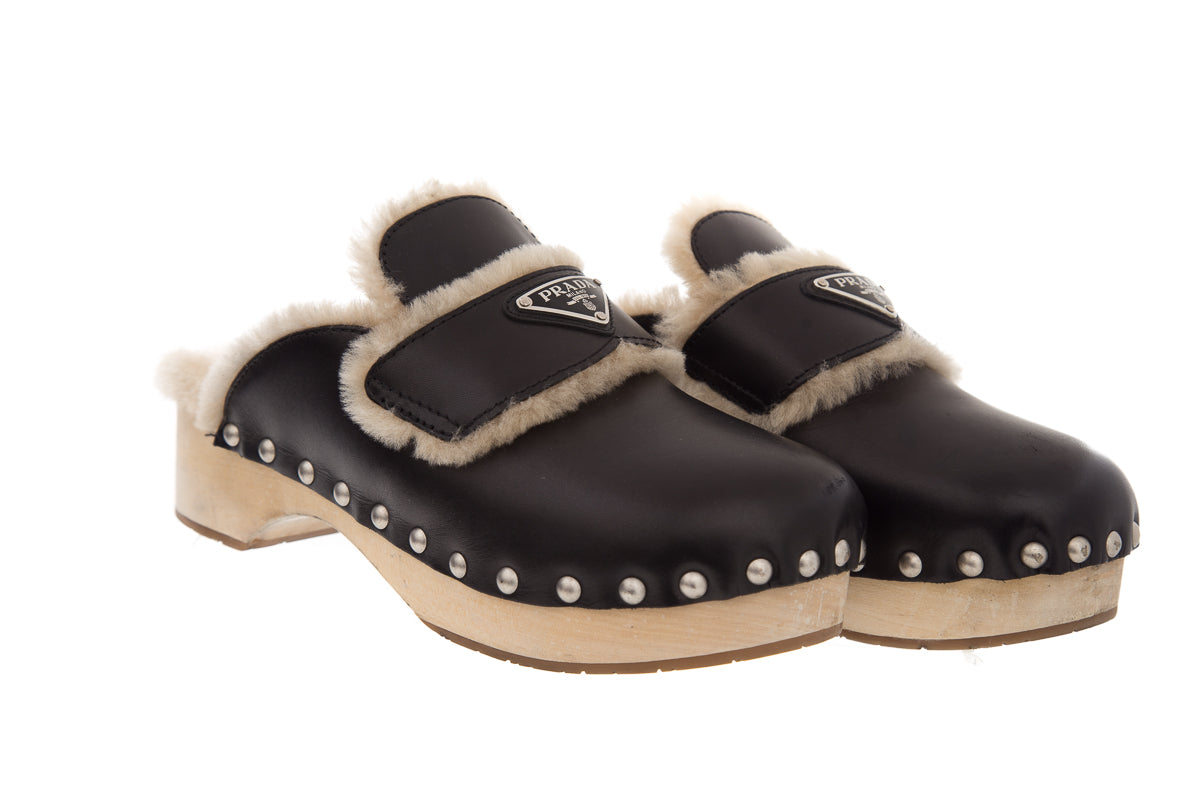 Prada Black Leather Shearling Clogs SZ 38