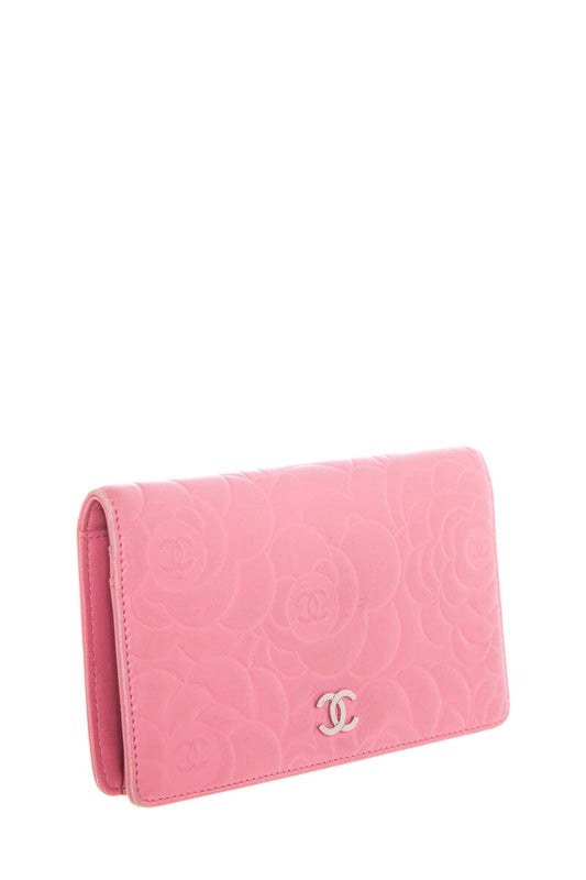 Chanel Pink Leather Camellia Embossed Long Wallet