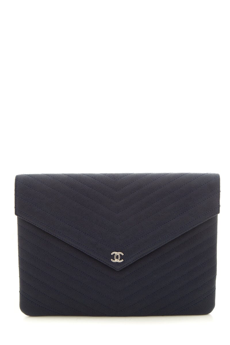 Chanel 2017  Navy Caviar Chevron O Clutch