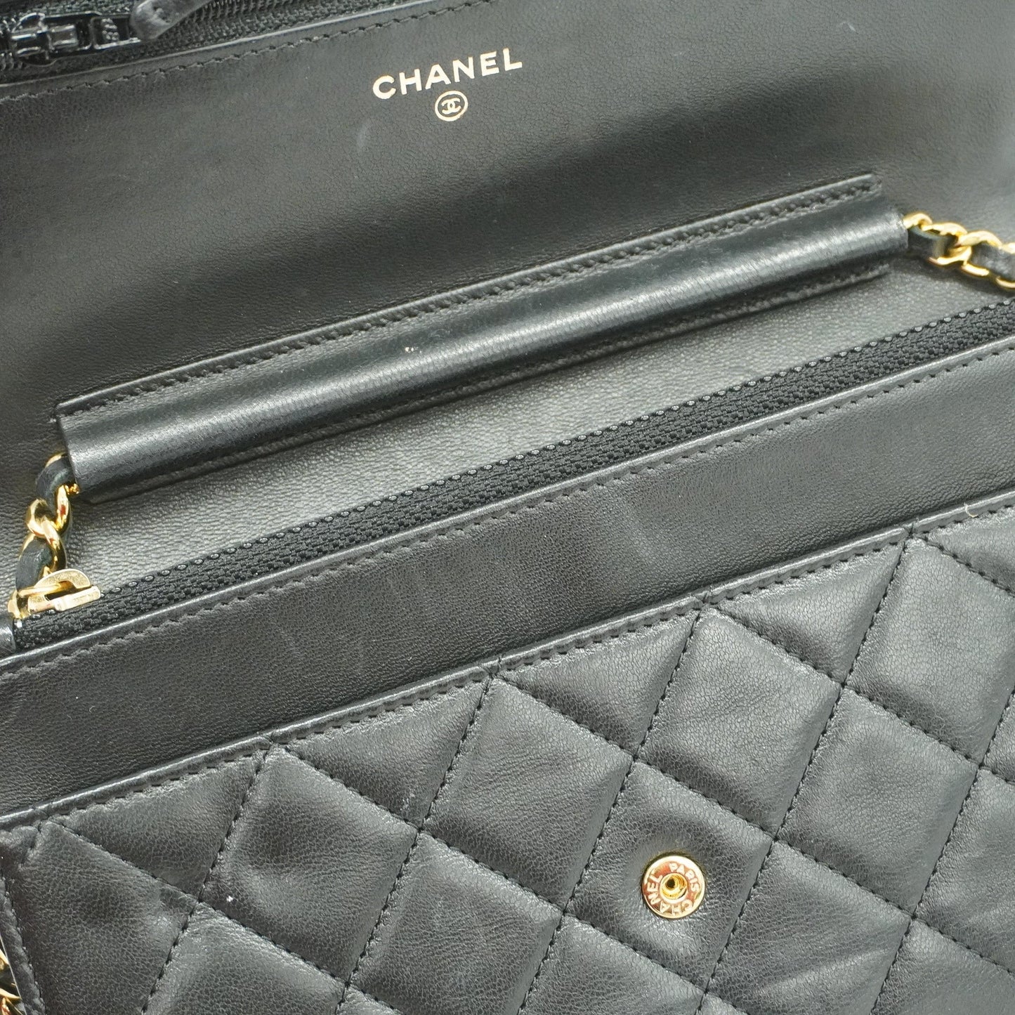 CHANELAuth  Matelasse Chain Shoulder Gold Hardware Lambskin Wallet Black