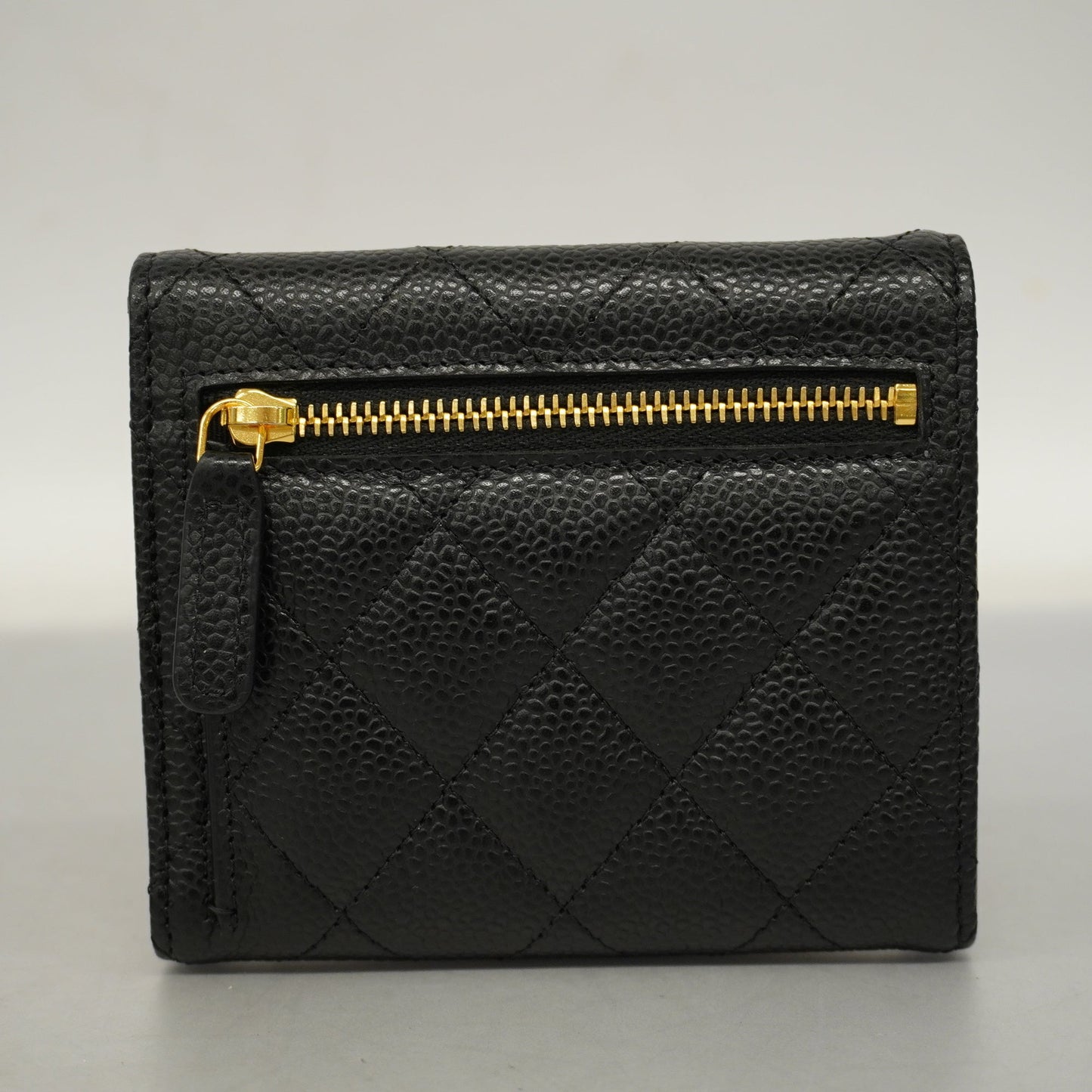 CHANEL[3ca0380]   tri-fold wallet Matelasse caviar skin black gold metal