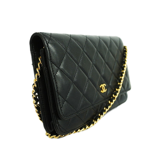 CHANELAuth  Matelasse Chain Shoulder Gold Hardware Lambskin Wallet Black