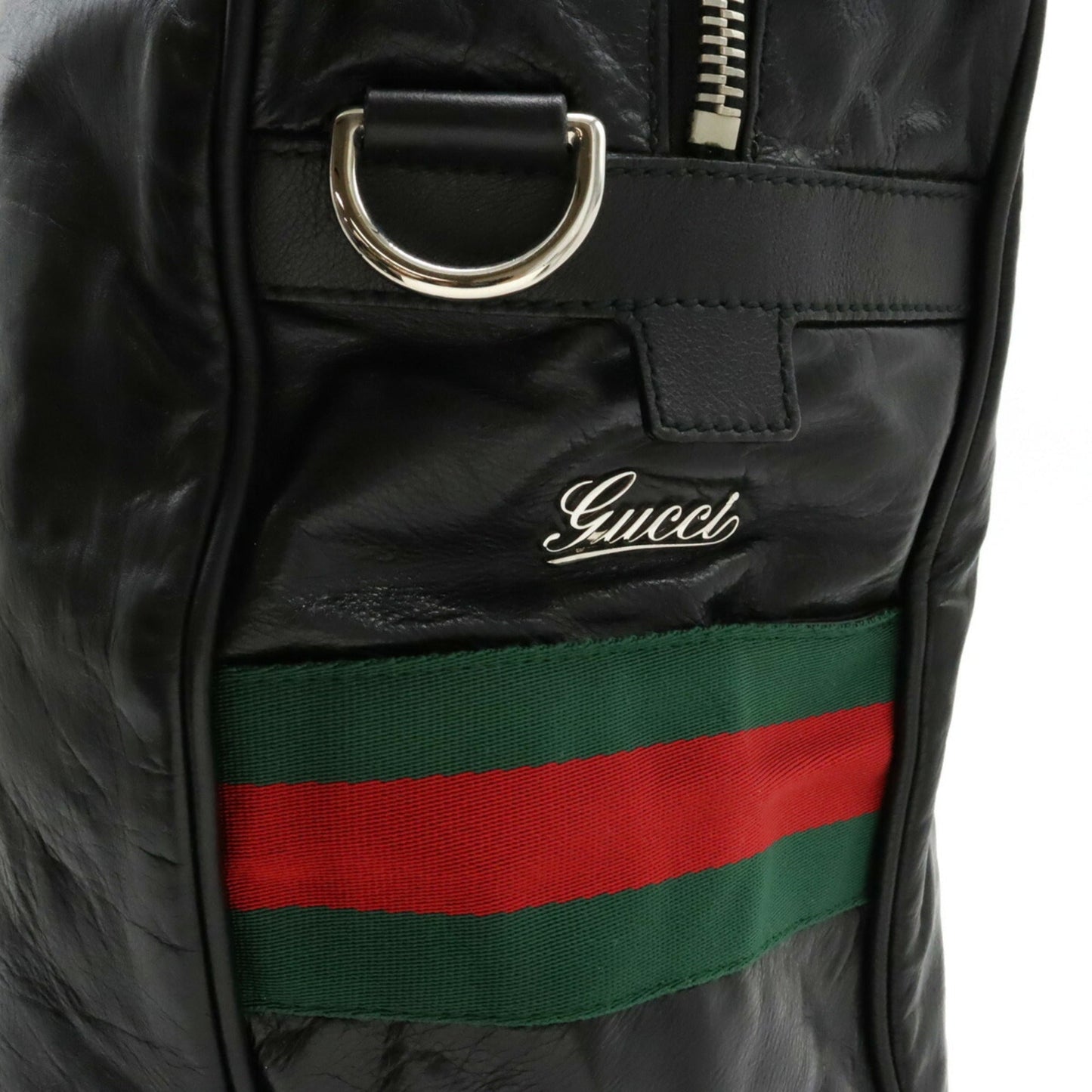 GUCCI Sherry Line Boston Bag Tote Large Leather Black Green Red 194460