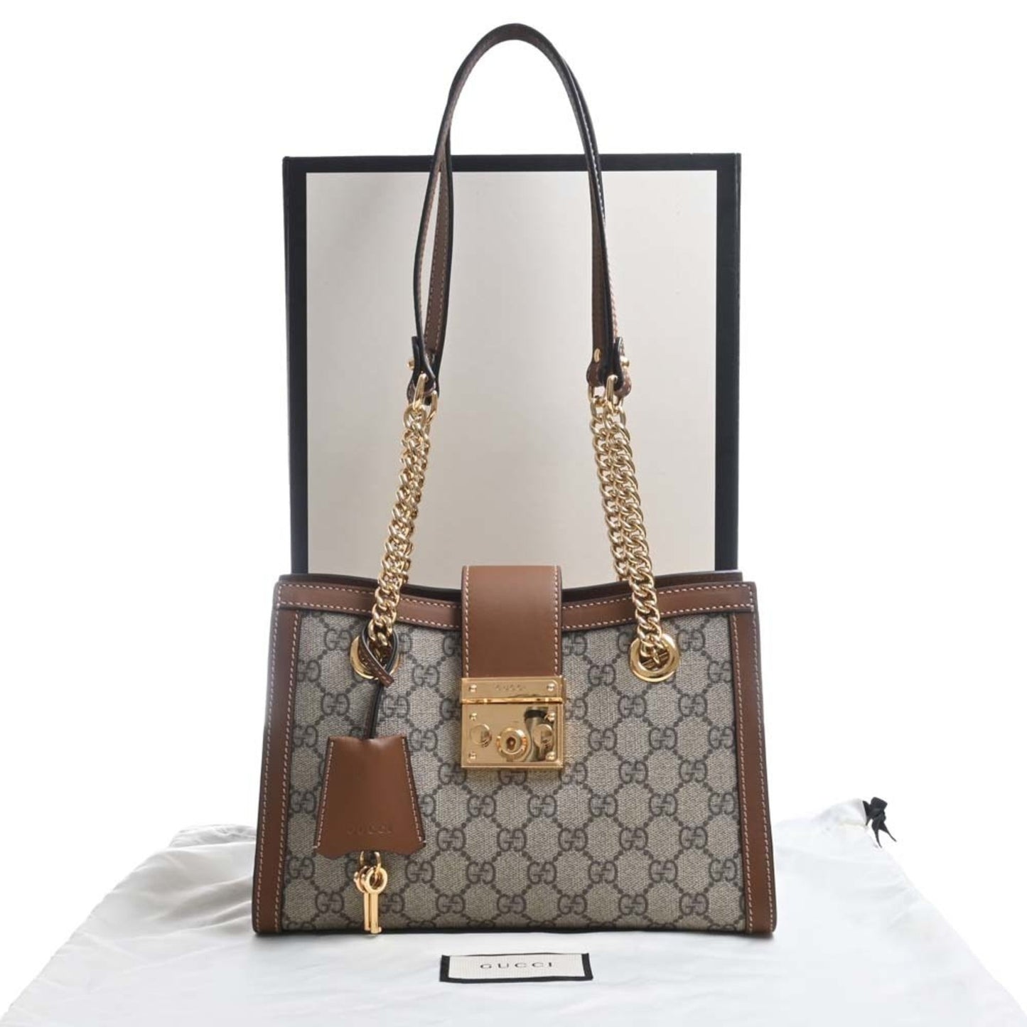 GUCCI GG Supreme Padlock Chain Tote Bag 2018 Cruise Collection 498156 Beige/Brown Women's