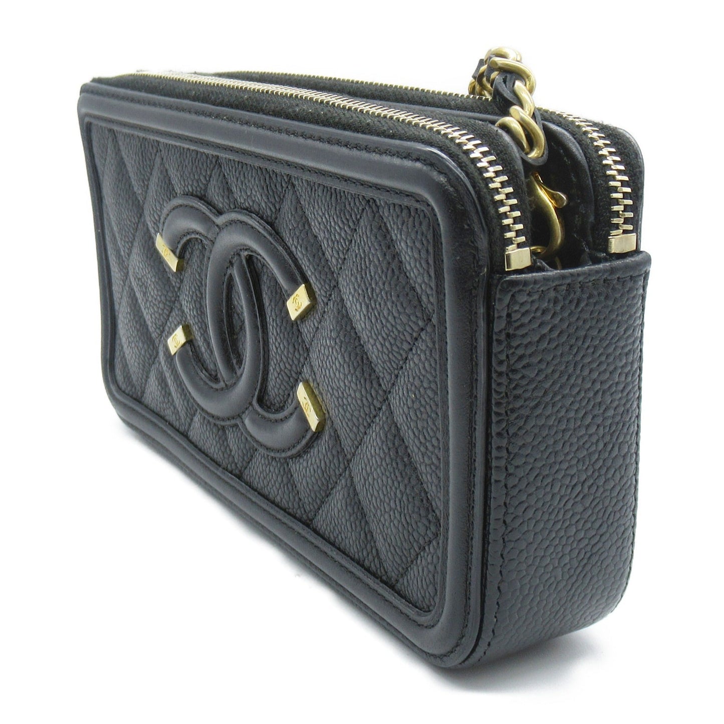 CHANEL CC Filigree Chain Wallet Black Caviar Skin [Grained Calf] A84450