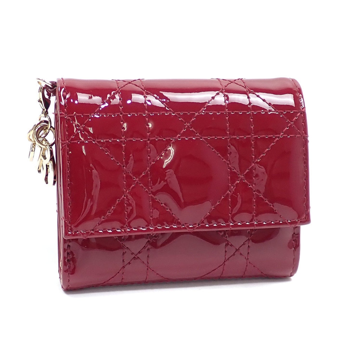 CHRISTIAN DIOR Tri-fold Wallet Cannage LADY DIOR Lotus Women's Cherry Red Patent Calf Leather S0181OVRB_M323