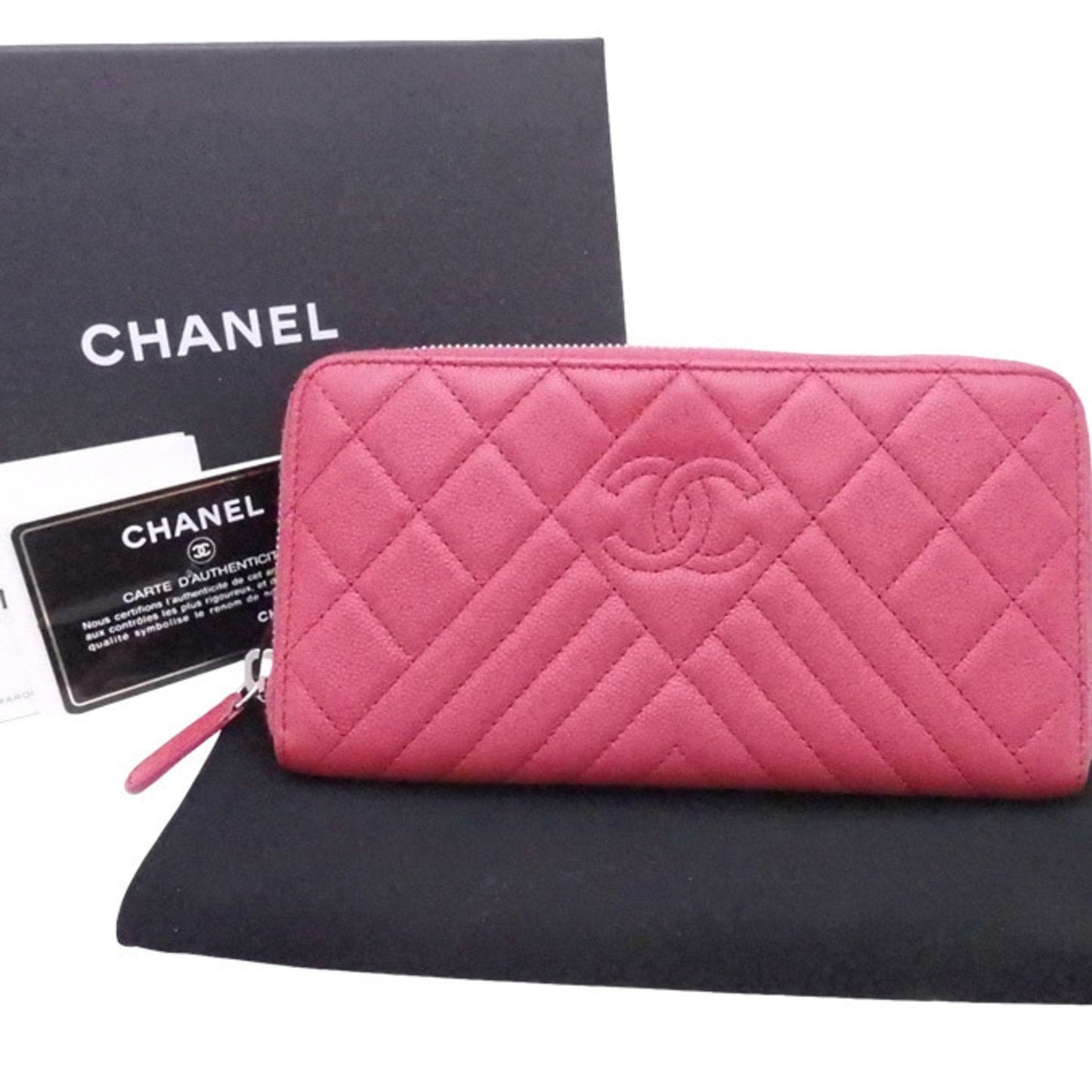 Chanel Long Wallet Matelasse V Stitch Pink Caviar Skin Leather Women's