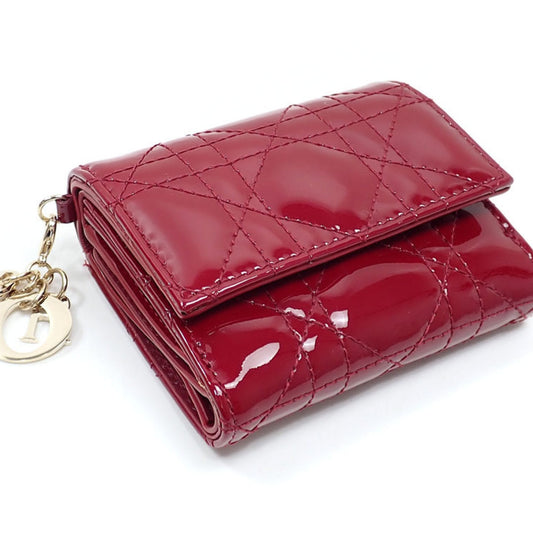 CHRISTIAN DIOR Tri-fold Wallet Cannage LADY DIOR Lotus Women's Cherry Red Patent Calf Leather S0181OVRB_M323