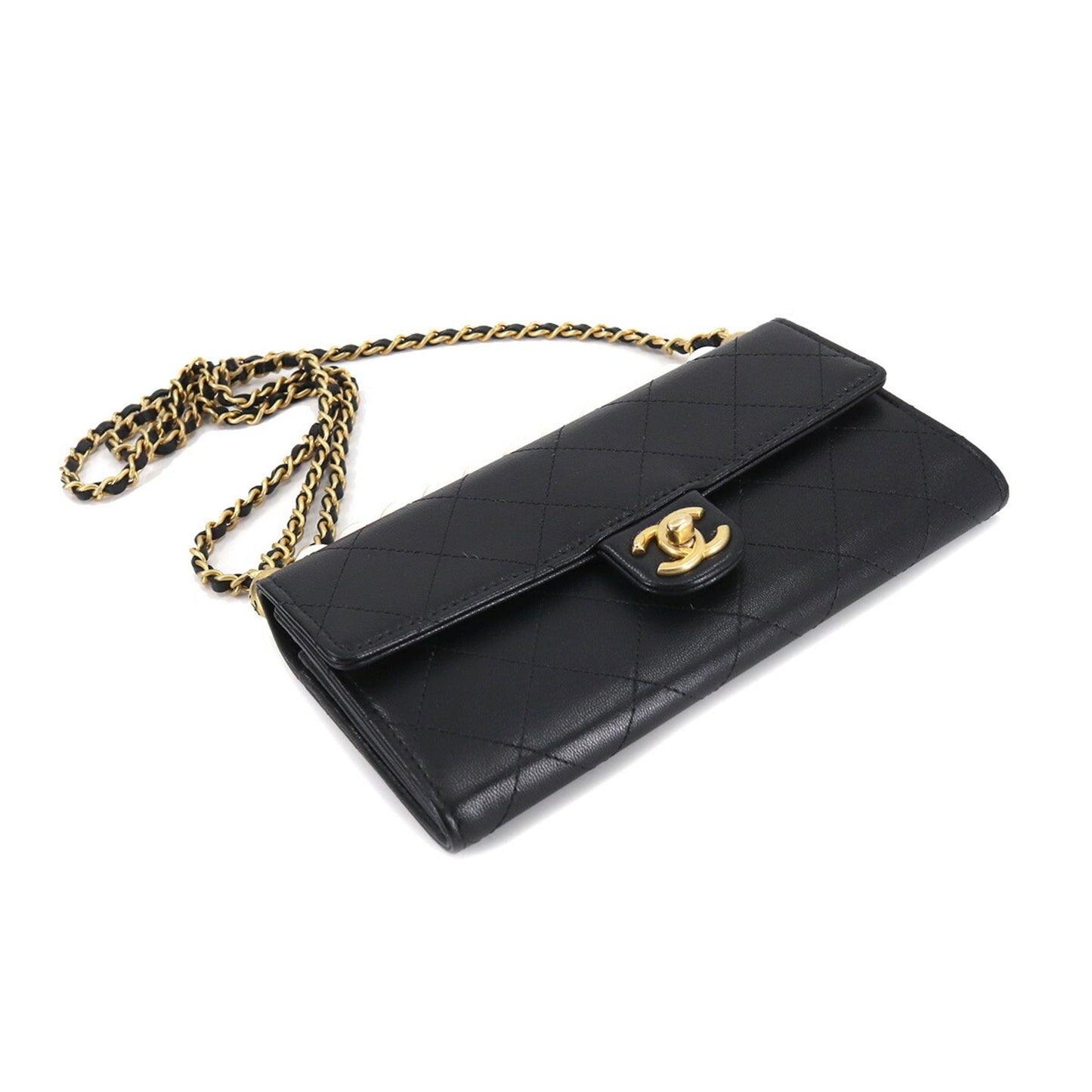 Chanel matelasse chain wallet long fake pearl leather black AP1001 gold metal fittings Chain Wallet