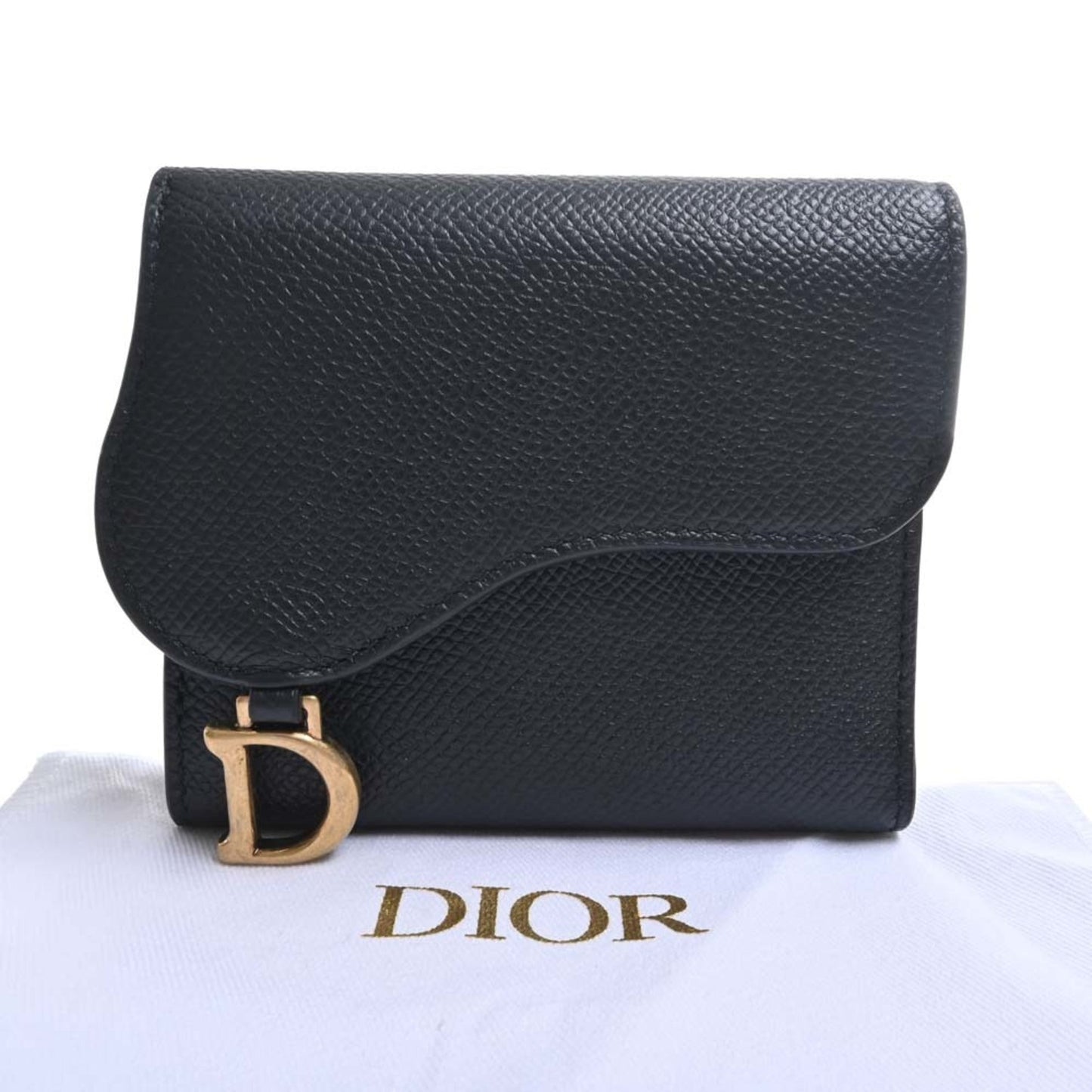 CHRISTIAN DIOR Leather Saddle Lotus Trifold Wallet Black Ladies