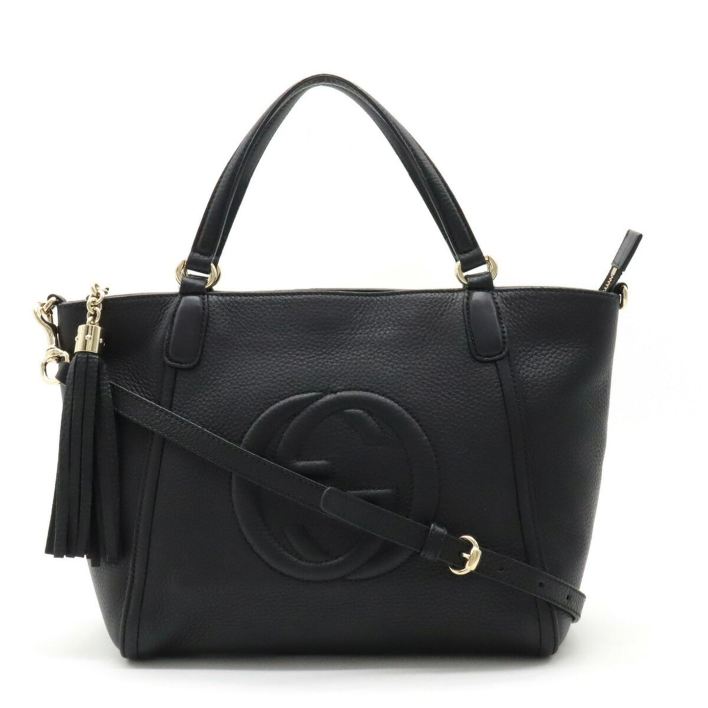 GUCCI Soho Interlocking G Tote Bag Shoulder Tassel Leather Black 369176