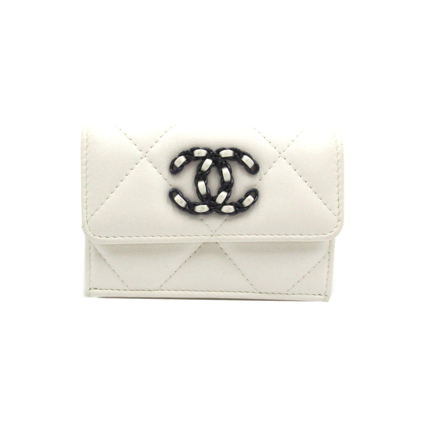 CHANEL COCO Mark Tri-Fold Wallet White Lambskin [sheep leather]