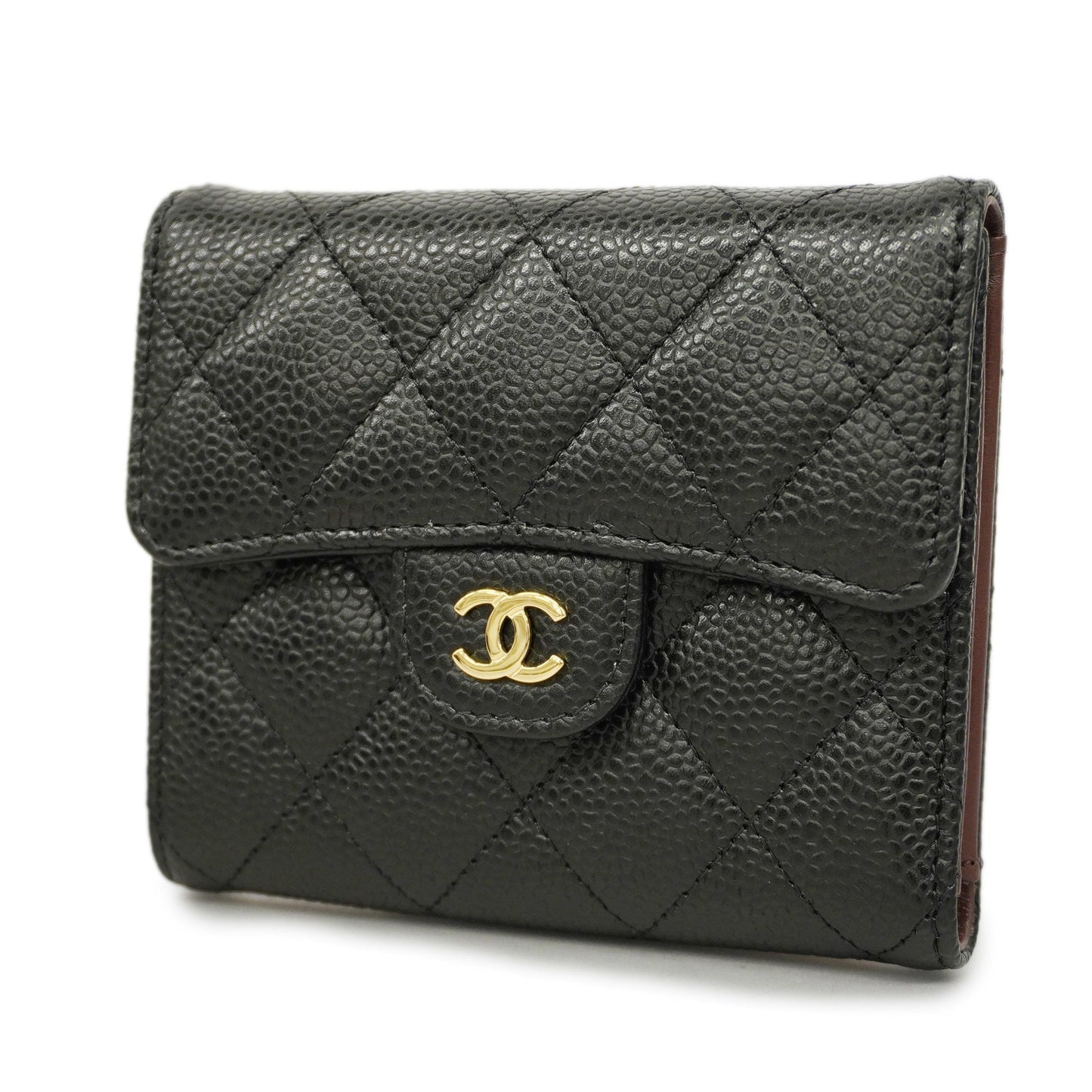 CHANEL[3ca0380]   tri-fold wallet Matelasse caviar skin black gold metal