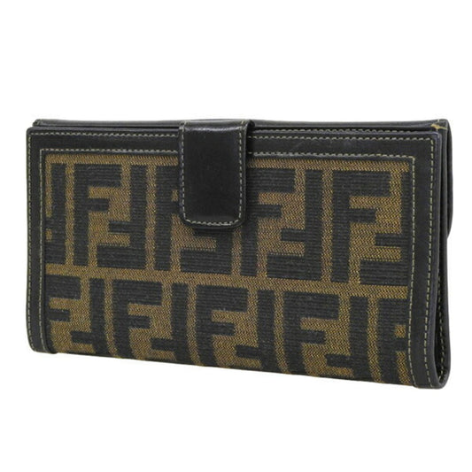 FENDI Canvas Leather Zucca Pattern Bifold Long Wallet Brown Ladies