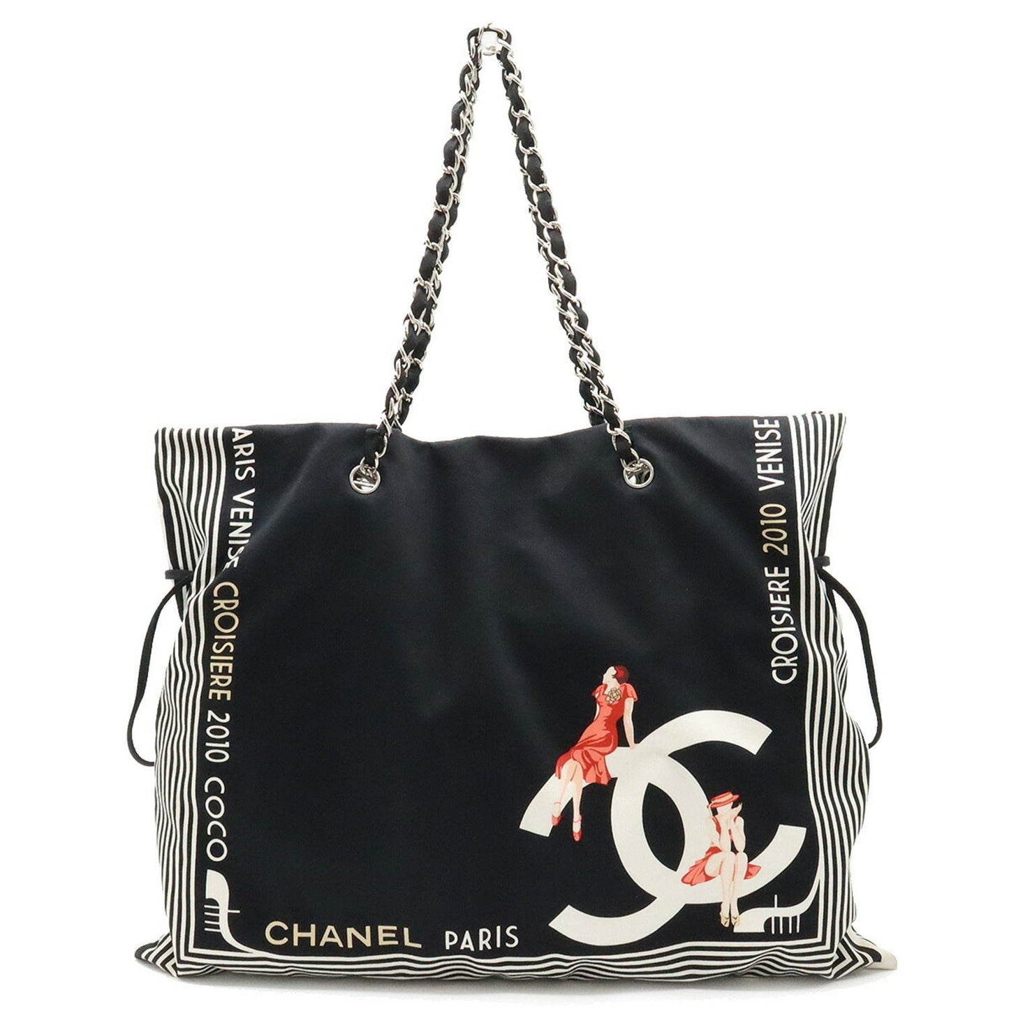 CHANEL 2010 Cruise Line Coco Mark Tote Bag Shoulder Chain Canvas Black White 7970