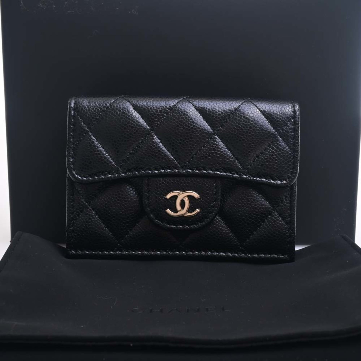 CHANEL Caviar Skin Matelasse Coco Mark Trifold Wallet Black Ladies