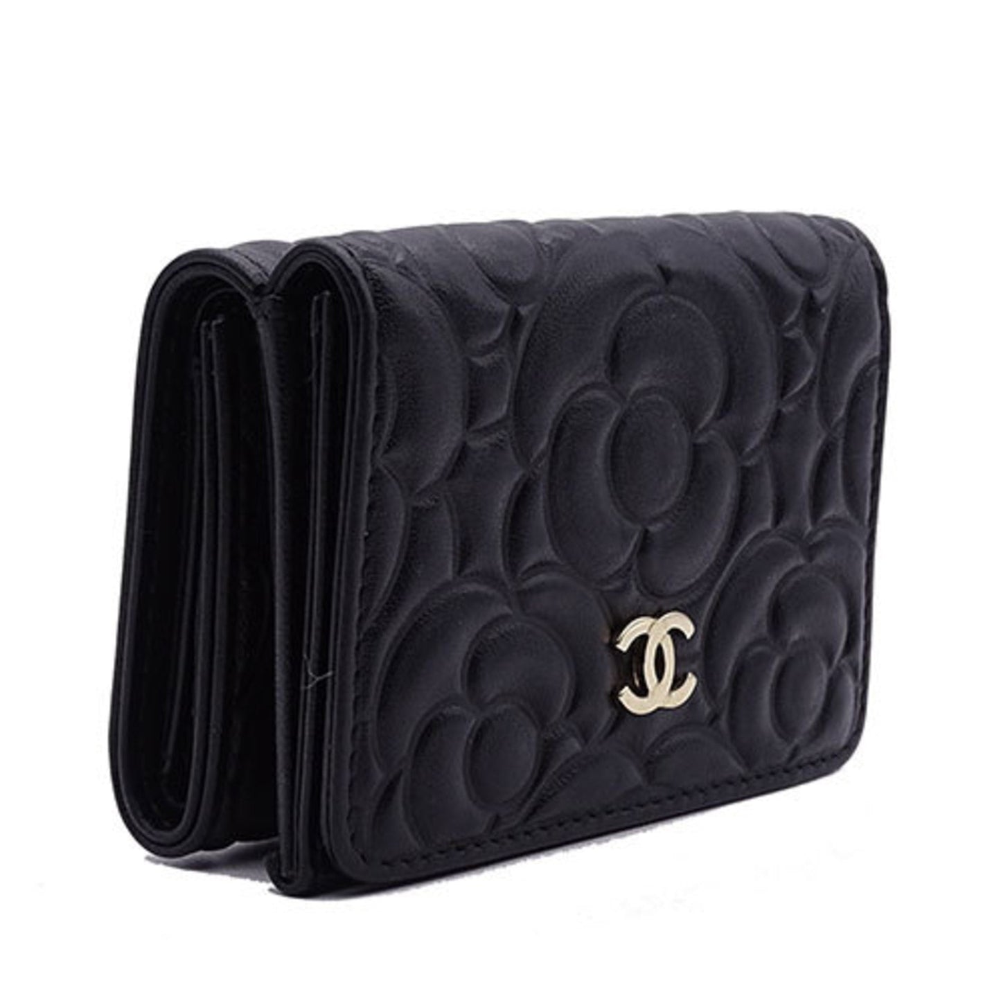 CHANEL Wallet Women's Trifold Leather Camellia Black