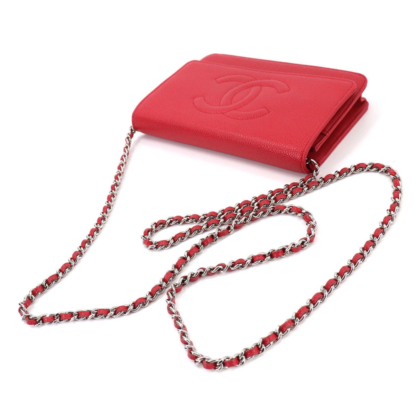 Chanel caviar skin chain wallet folio long leather red A48654 silver metal fittings Chain Wallet