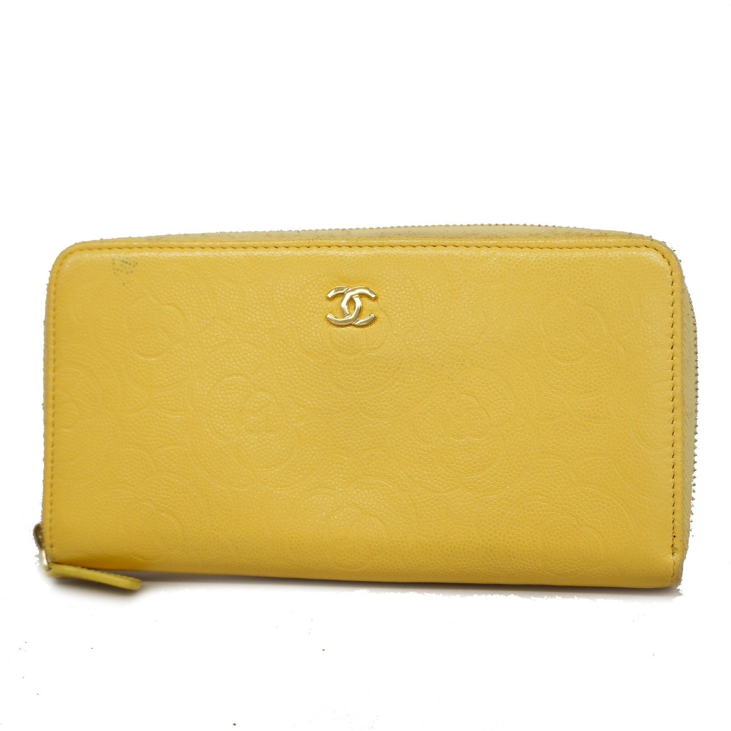 CHANEL  Camellia Bi-fold Long Wallet Gold Hardware Leather Yellow