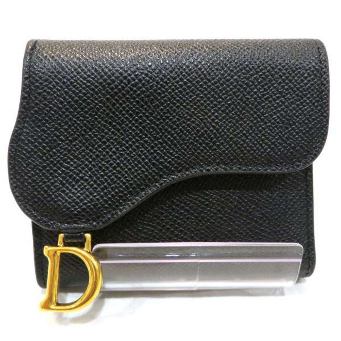 CHRISTIAN DIOR Dior Saddle Lotus Wallet Black Leather 3 Fold Women's