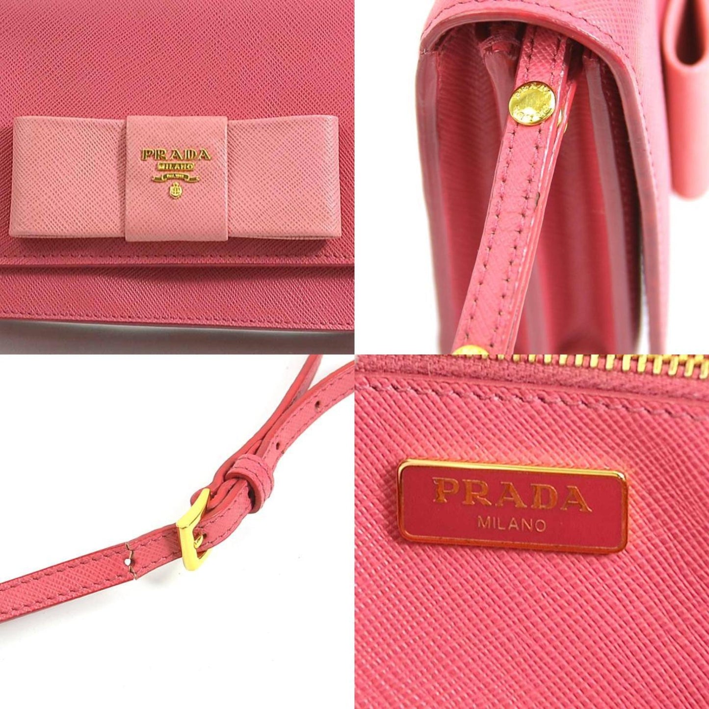 PRADA Crossbody Shoulder Bag Wallet Ribbon Leather Pink Gold Ladies